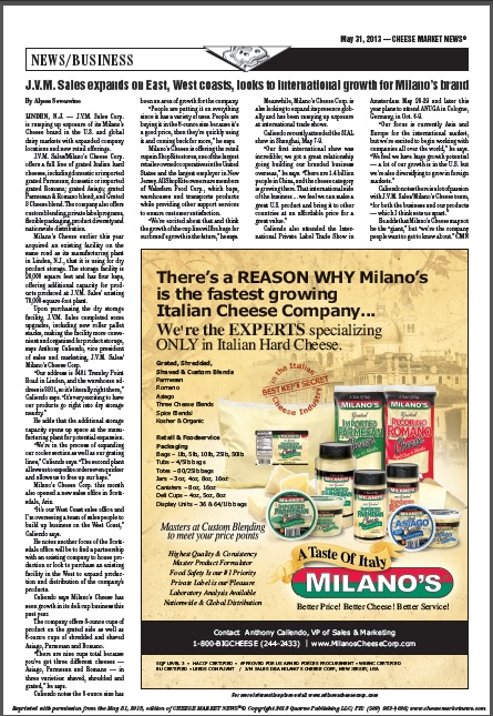 Cheese Market News looks to international growth, quotes Anthony Caliendo VP Sales and Marketing